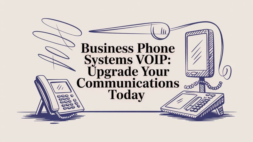Illustration of two office phones and a computer monitor, with large text reading Business Phone Systems VOIP: Upgrade Your Communications Today in the center. Abstract lines decorate the background.