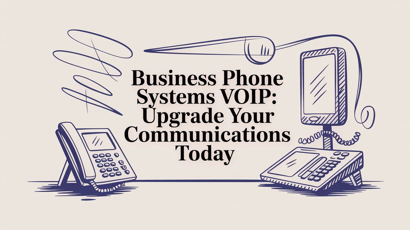 Illustration of two office phones and a computer monitor, with large text reading Business Phone Systems VOIP: Upgrade Your Communications Today in the center. Abstract lines decorate the background.