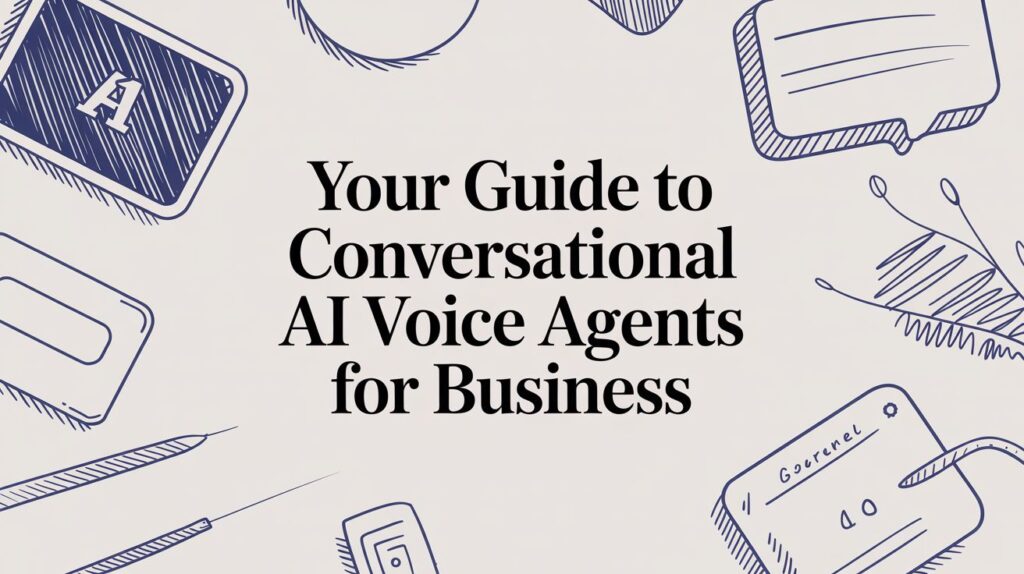 Text in the center reads, Your Guide to Conversational AI Voice Agents for Business, surrounded by blue hand-drawn icons like speech bubbles, a pencil, and notebook on a light background.
