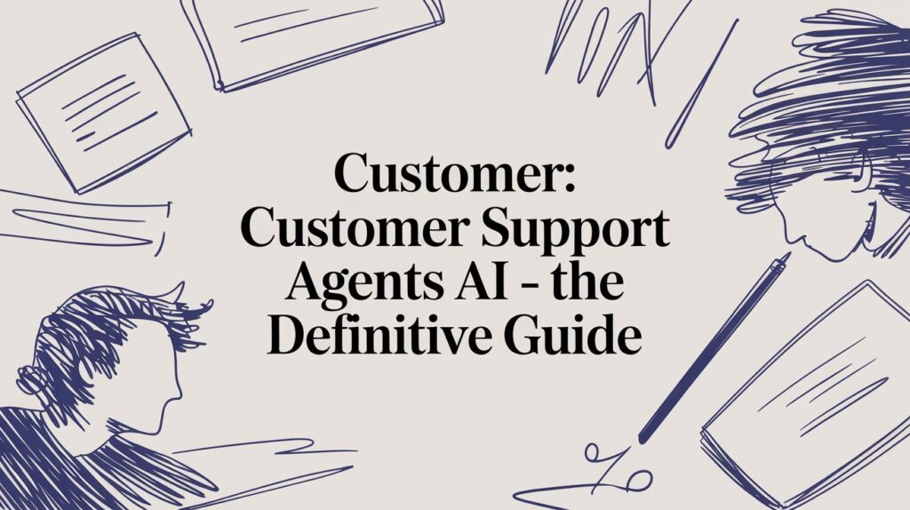 Hand-drawn illustrations of people, pens, and papers surround the centered text: Customer: Customer Support Agents AI – the Definitive Guide on a light background.