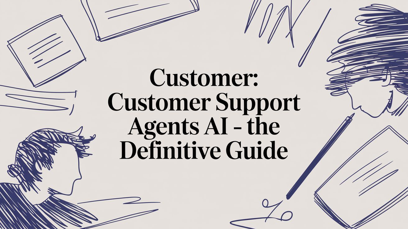 Hand-drawn illustrations of people, pens, and papers surround the centered text: Customer: Customer Support Agents AI – the Definitive Guide on a light background.