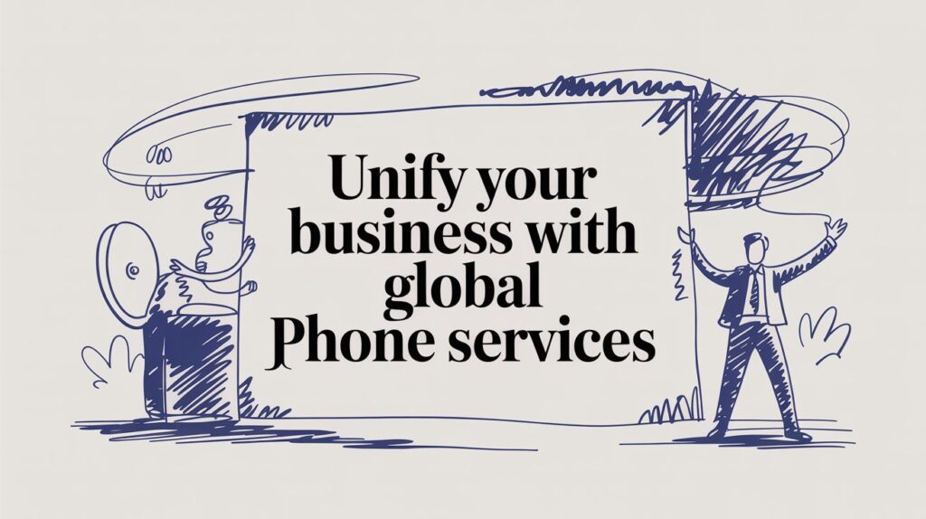 Illustration of two business people standing beside a large sign that reads, Unify your business with global Phone services, surrounded by abstract, sketchy blue lines.