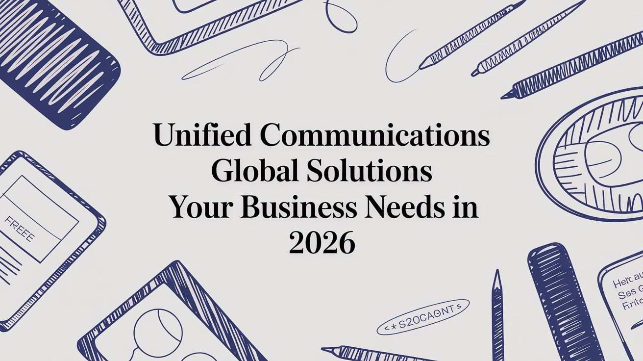 Hand-drawn office items surround text that reads, Unified Communications Global Solutions Your Business Needs in 2026.
