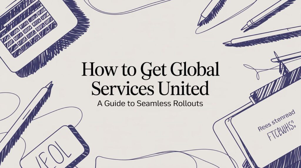 A hand-drawn style border of laptops, pens, and notebooks surrounds the text: How to Get Global Services United: A Guide to Seamless Rollouts.