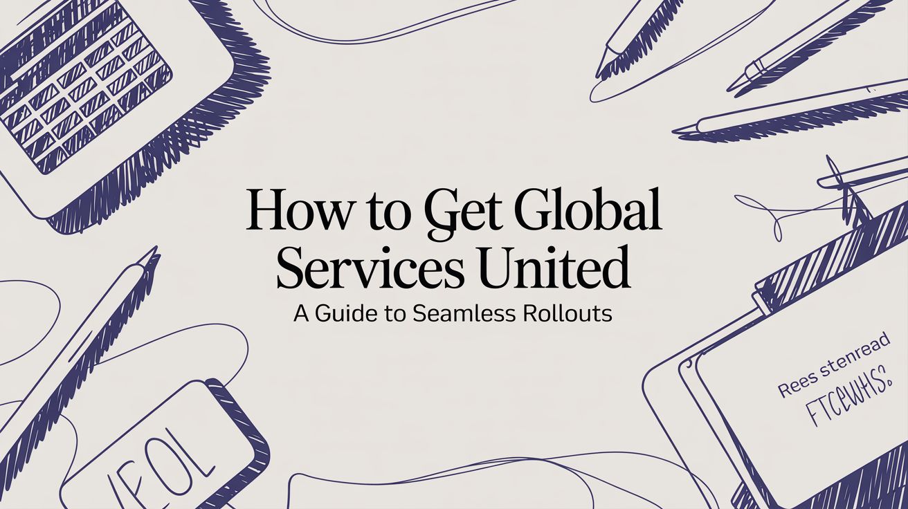 A hand-drawn style border of laptops, pens, and notebooks surrounds the text: How to Get Global Services United: A Guide to Seamless Rollouts.