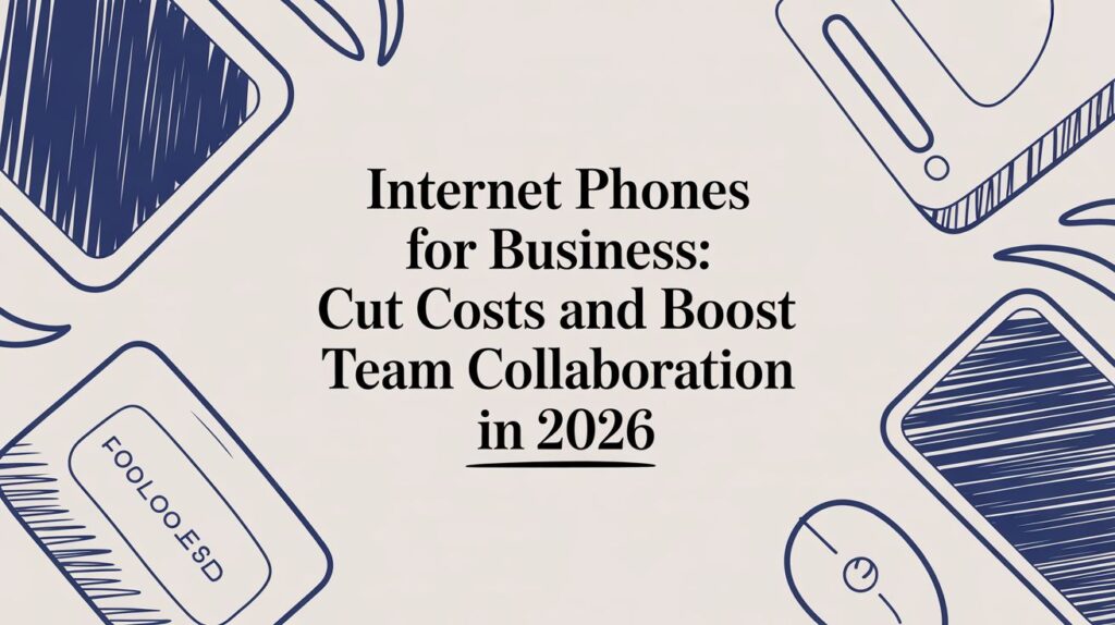 Text in the center reads: Internet Phones for Business: Cut Costs and Boost Team Collaboration in 2026 with illustrated outlines of office items like a mouse, keyboard, and cards around the border.
