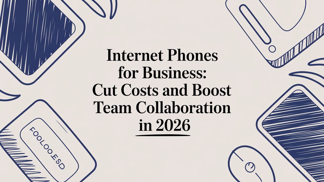 Text in the center reads: Internet Phones for Business: Cut Costs and Boost Team Collaboration in 2026 with illustrated outlines of office items like a mouse, keyboard, and cards around the border.
