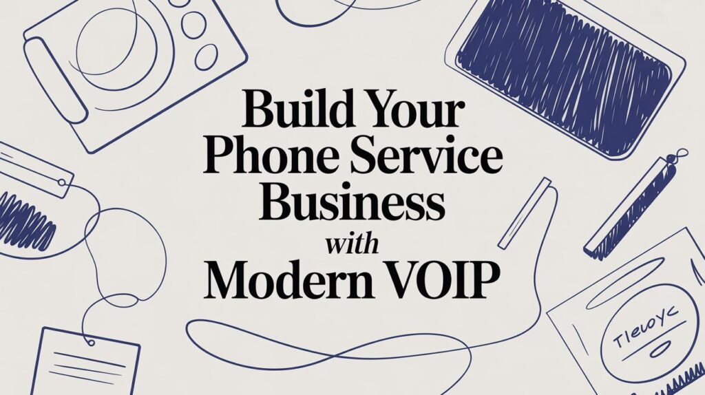 Text reads Build Your Phone Service Business with Modern VOIP in bold letters, surrounded by blue line drawings of old and modern phone-related devices on a light background.