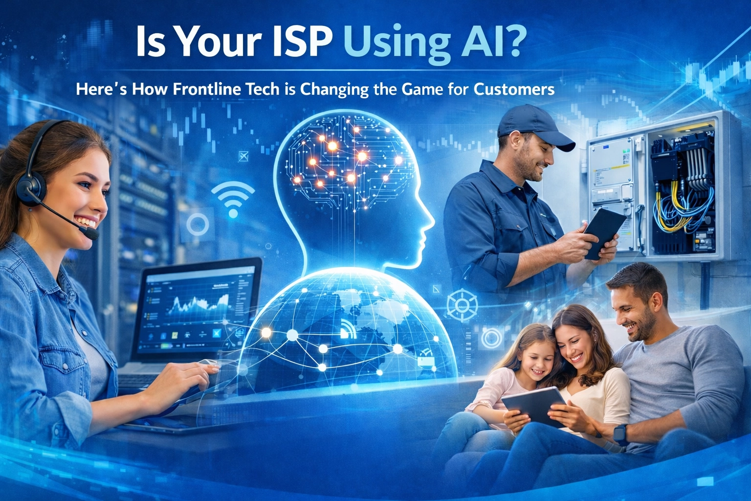 A collage shows a tech support woman, a network technician checking equipment, a family using devices, and digital AI graphics, with the text: Is Your ISP Using AI? Here’s How SnapDial Frontline Tech is Changing the Game for Customers.