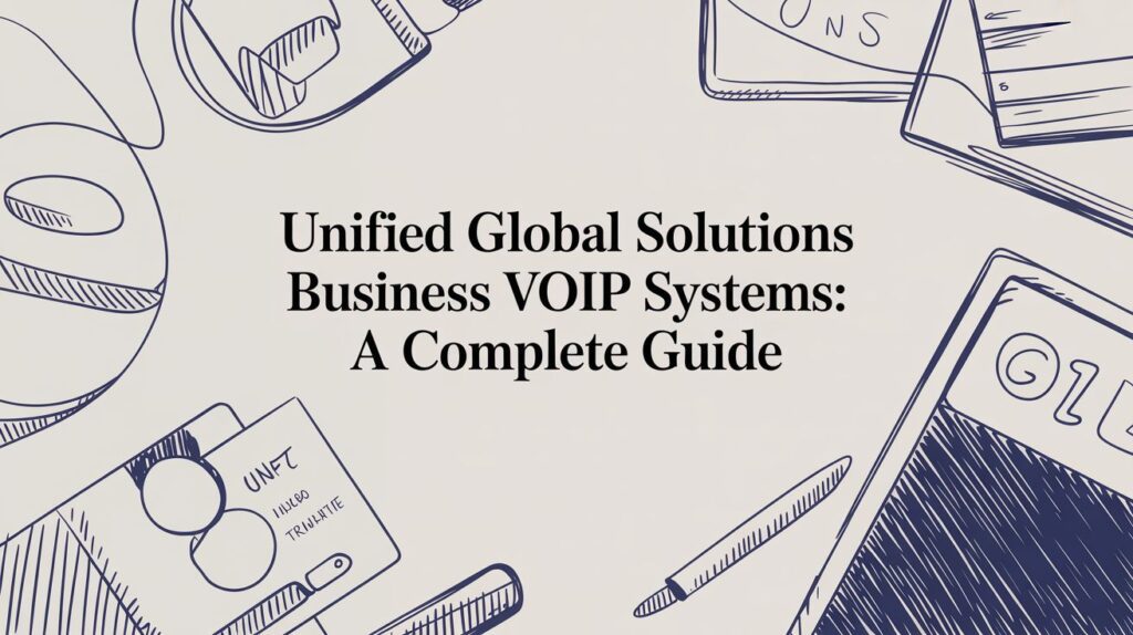 Unified Global Solutions Business VOIP Systems: A Complete Guide written in bold black text on a background with blue outlined drawings of office supplies, including a pen, notepad, calculator, and folders.