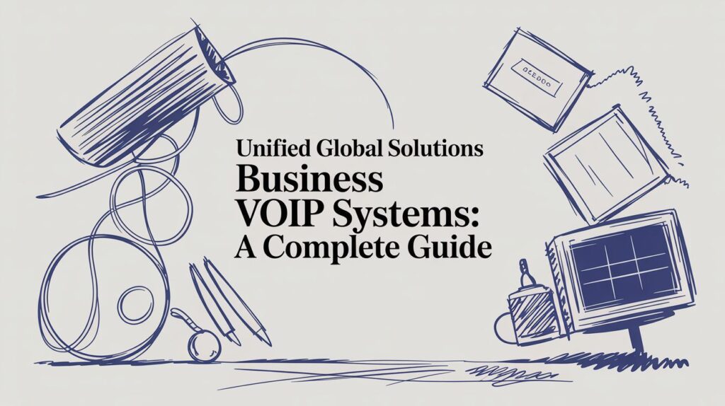 A sketch-style graphic with office supplies and devices, including a phone, notepad, envelope, pen, and computer. Text reads: Unified Global Solutions Business VOIP Systems: A Complete Guide.