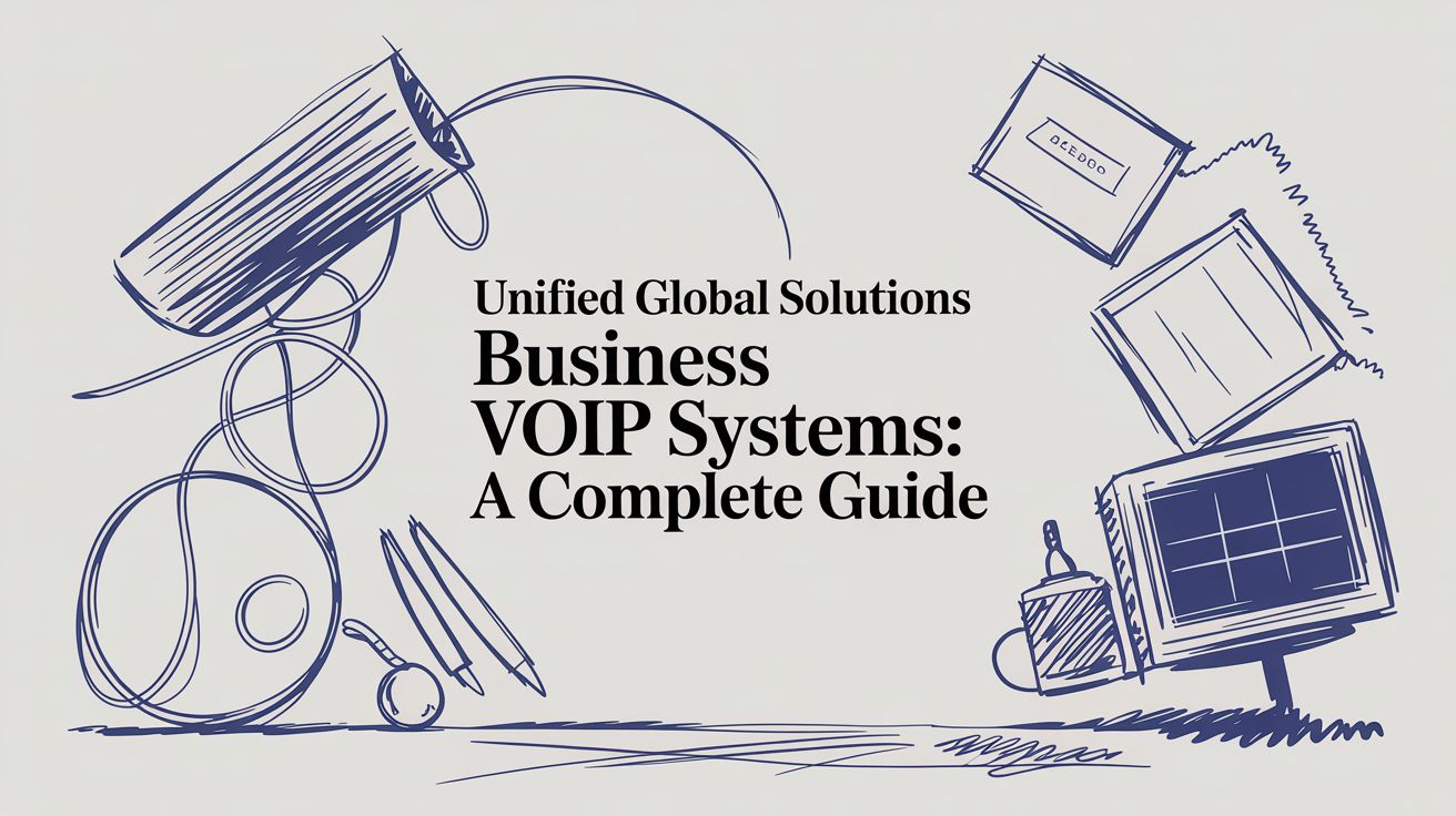 A sketch-style graphic with office supplies and devices, including a phone, notepad, envelope, pen, and computer. Text reads: Unified Global Solutions Business VOIP Systems: A Complete Guide.