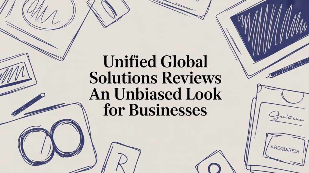 Hand-drawn office supplies surround bold text reading Unified Global Solutions Reviews: An Unbiased Look for Businesses on a light background.