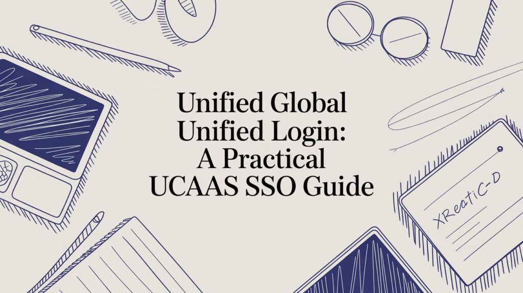 Illustrated background with sketches of a laptop, notepad, pens, glasses, and paper clips. Center text reads, Unified Global Unified Login: A Practical UCAAS SSO Guide.