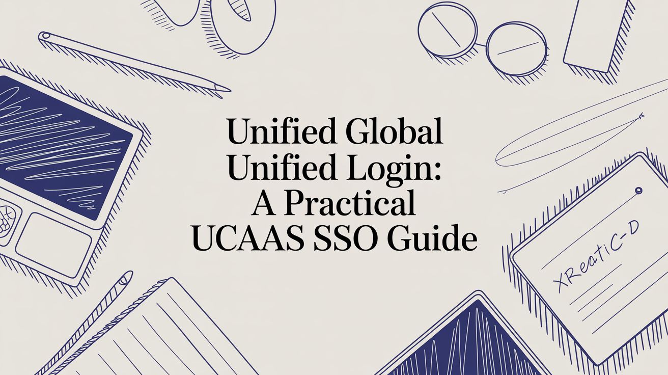 Illustrated background with sketches of a laptop, notepad, pens, glasses, and paper clips. Center text reads, Unified Global Unified Login: A Practical UCAAS SSO Guide.