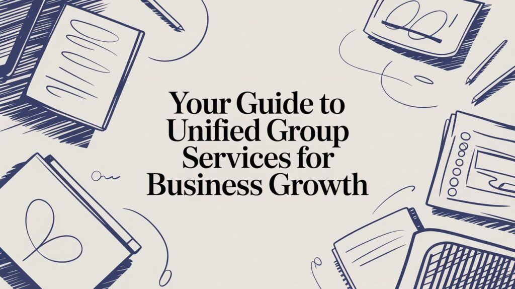 Text reads, Your Guide to Unified Group Services for Business Growth, surrounded by illustrated notebooks, papers, and pens on a light background.