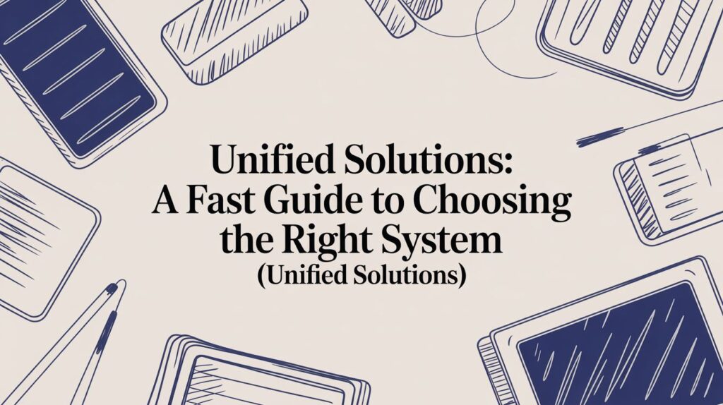 Illustrated notepads, pens, and lines surround the title Unified Solutions: A Fast Guide to Choosing the Right System (Unified Solutions) in bold centered text.