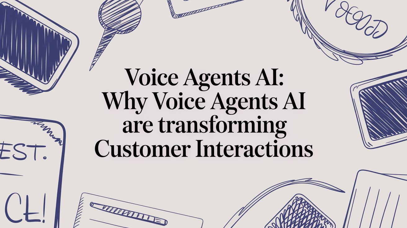 Text on a background with blue doodles reads: “Voice Agents AI: Why Voice Agents AI are transforming Customer Interactions.” Various sketched objects frame the text, including notebooks, pens, and speech bubbles.