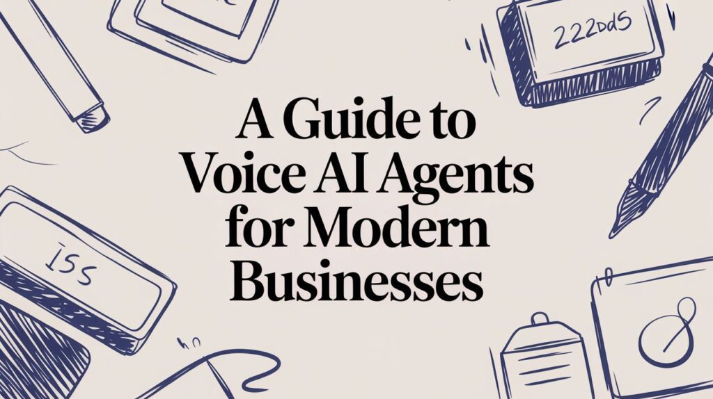 A digital illustration with the text A Guide to Voice AI Agents for Modern Businesses surrounded by sketches of office items like name badges, pens, and folders.