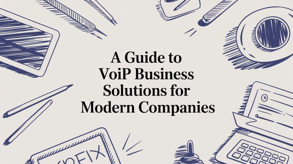 Illustration with pens, a coffee cup, a laptop, and a notepad surrounding the text A Guide to VoIP Business Solutions for Modern Companies.