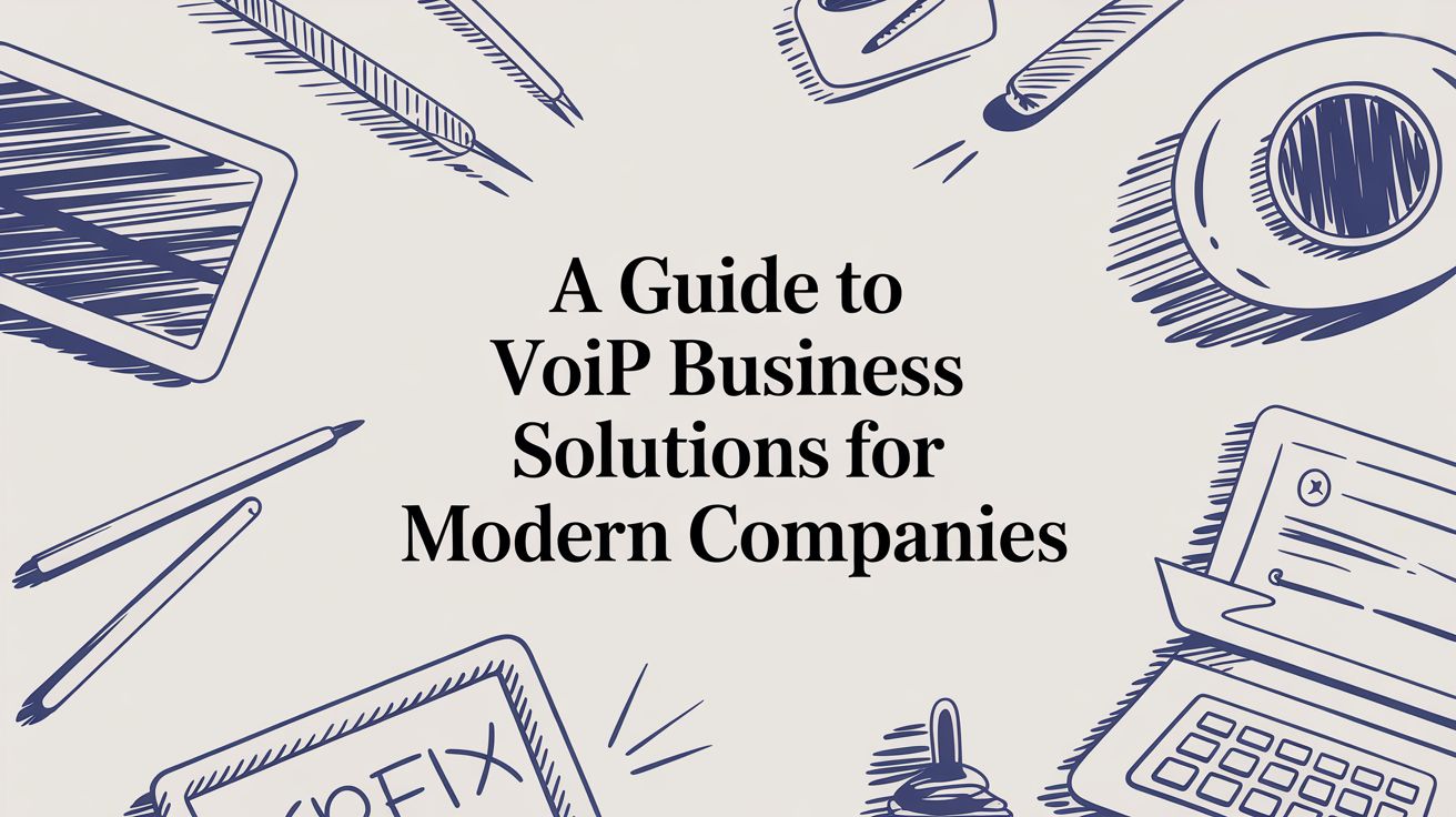 Illustration with pens, a coffee cup, a laptop, and a notepad surrounding the text A Guide to VoIP Business Solutions for Modern Companies.