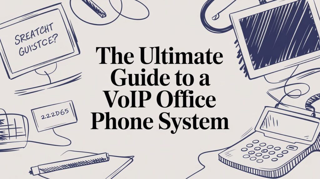 Hand-drawn office phone, notepad, pen, monitor, and keyboard border a central title that reads “The Ultimate Guide to a VoIP Office Phone System” in bold, black text on a beige background.