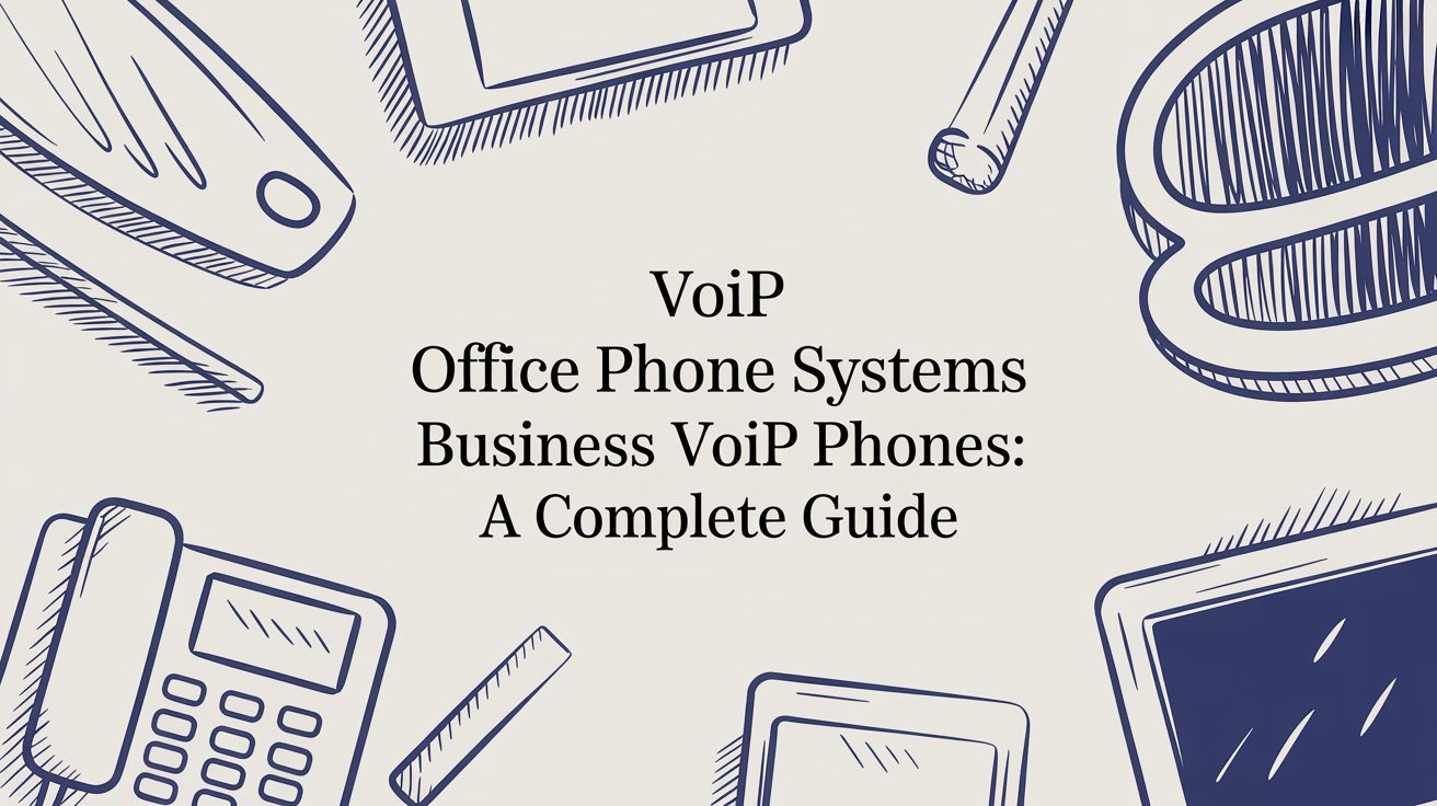 Illustrated office items, including a phone, tablet, keyboard, and pen, surround the text: VoIP Office Phone Systems Business VoIP Phones: A Complete Guide on a light background.