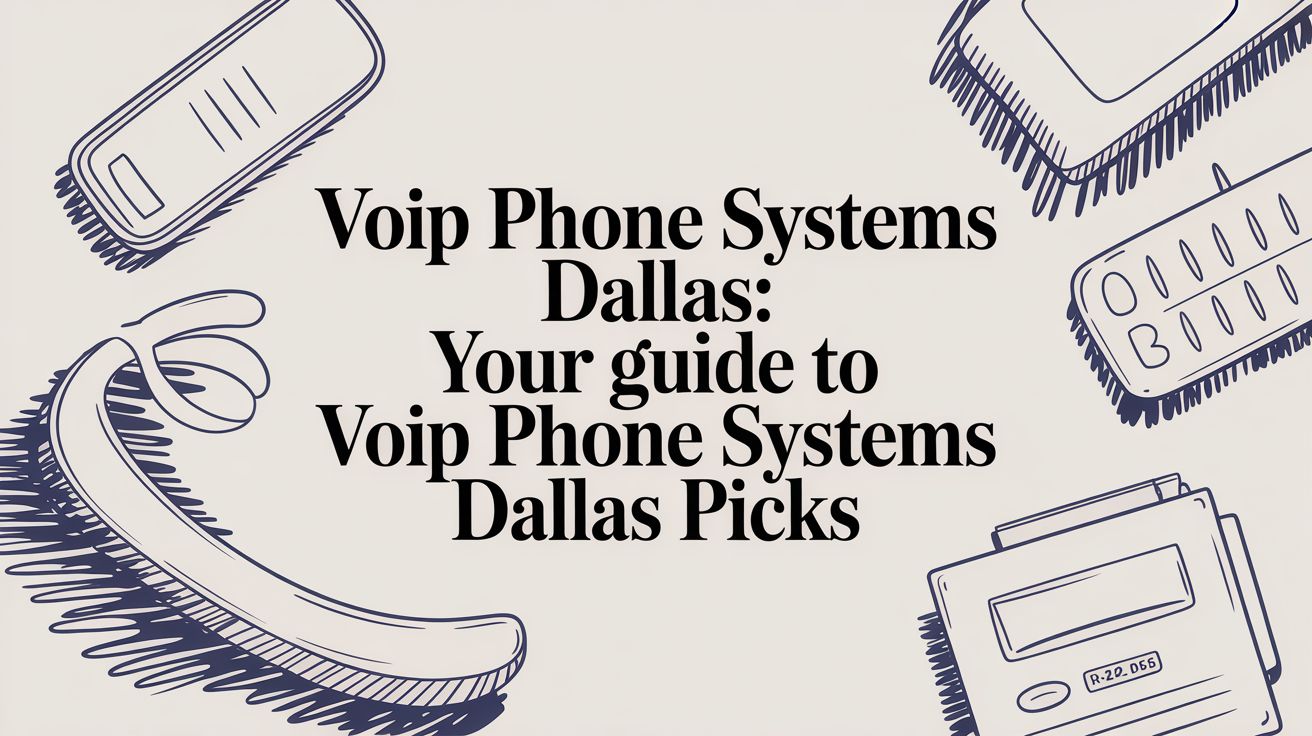 Illustrated image with drawings of phones and a headset, featuring the text VoIP Phone Systems Dallas: Your guide to VoIP Phone Systems Dallas Picks.