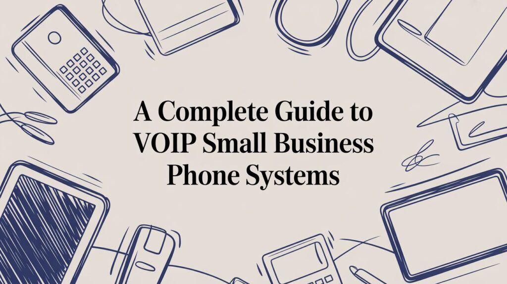 Illustration of various office phone devices and cables surrounding the text A Complete Guide to VOIP Small Business Phone Systems on a light background.