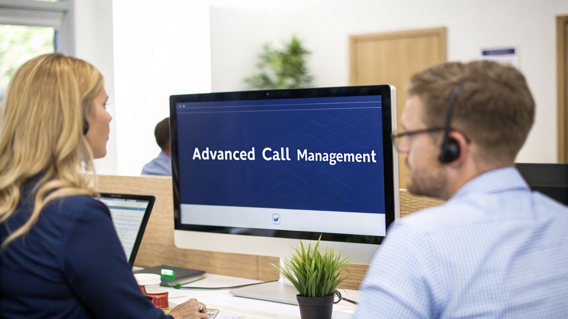 Two call center agents wearing headsets, looking at a computer screen displaying 'Advanced Call Management'.