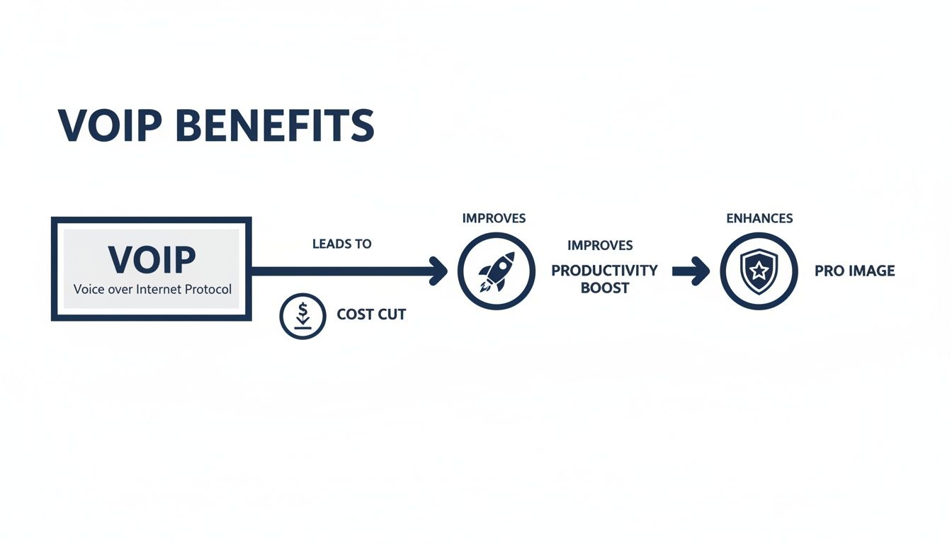 Flowchart illustrating VoIP benefits, including cost reduction, improved productivity, and enhanced professional image.