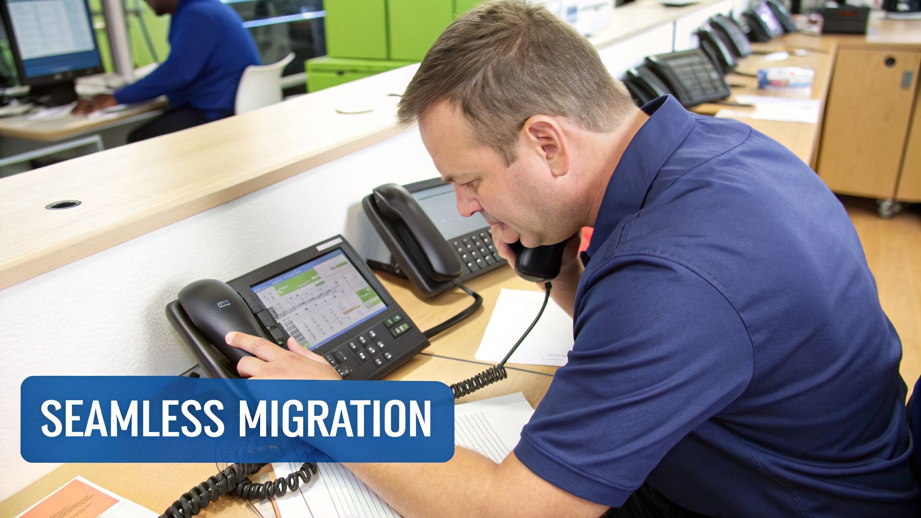 A man in a blue shirt talks on a desk phone, looking at a second phone with a screen in an office.