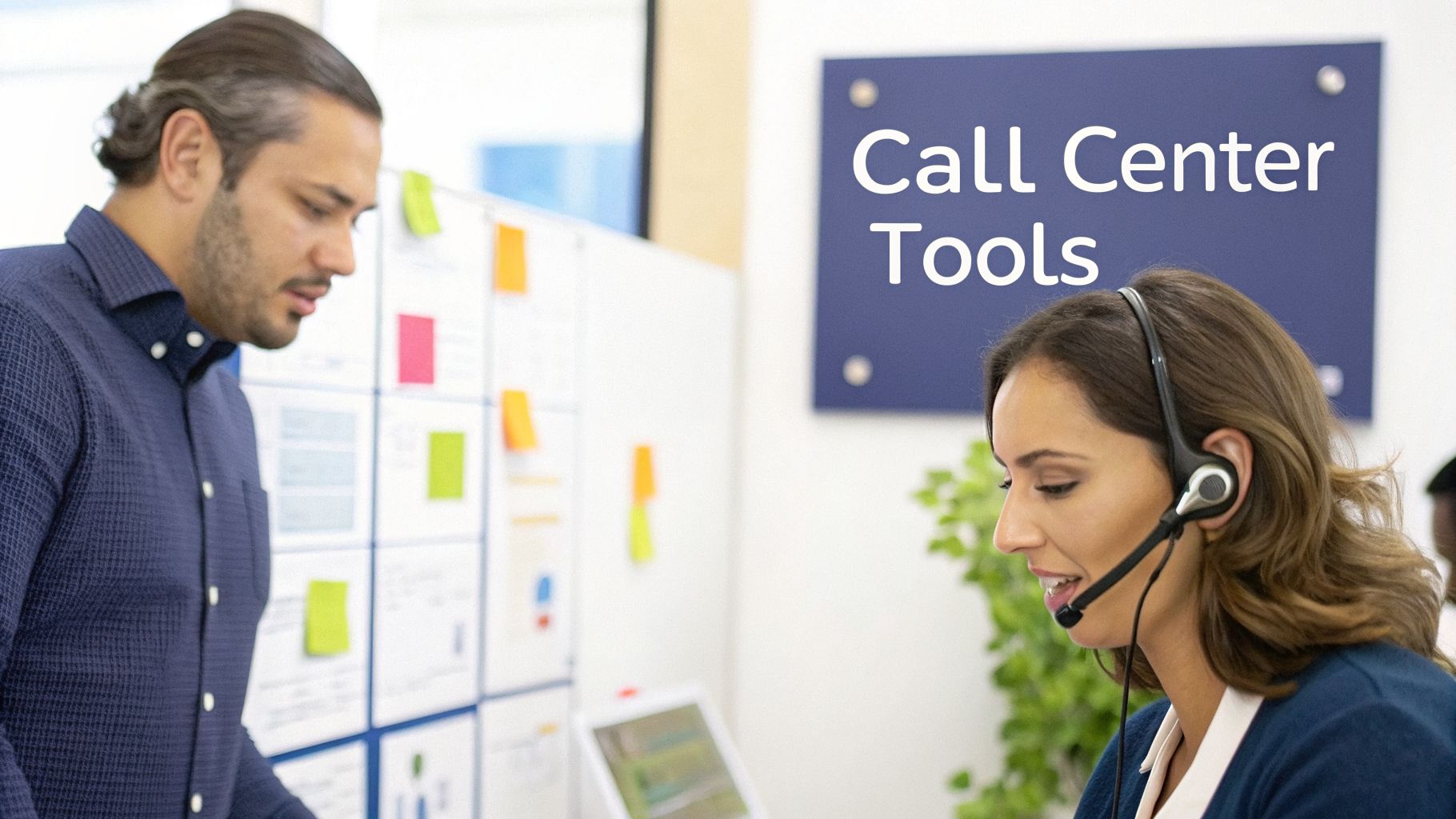 A male colleague and a female call center agent wearing a headset in a modern office.