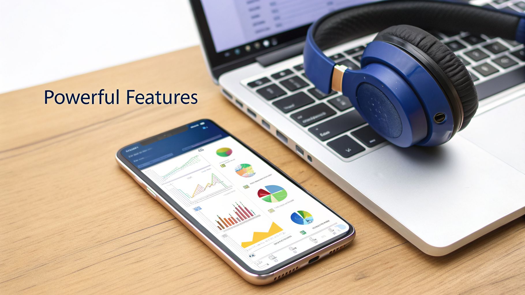 A smartphone displaying powerful data visualization features on a wooden desk next to a laptop and blue headphones.