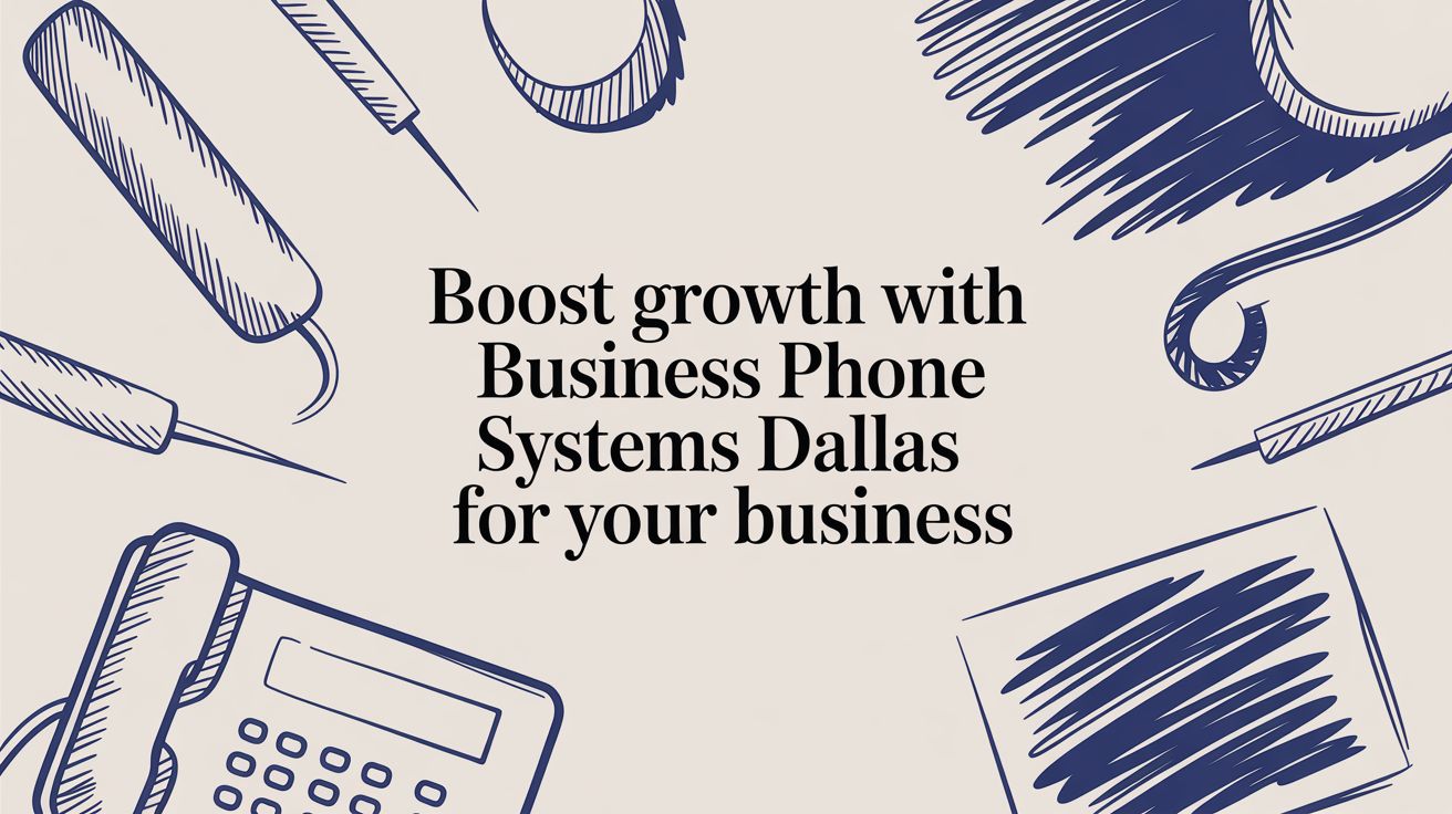 Hand-drawn office items like a phone, notepad, and pen surround the text Boost growth with Business Phone Systems Dallas for your business on a beige background.