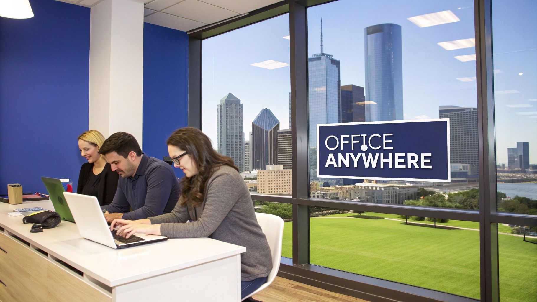 Three professionals working on laptops in a modern office with a city skyline view.
