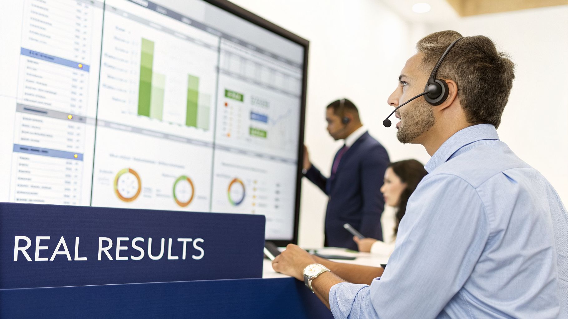 A man in a headset works at a desk, looking at a large screen displaying business data and graphs.