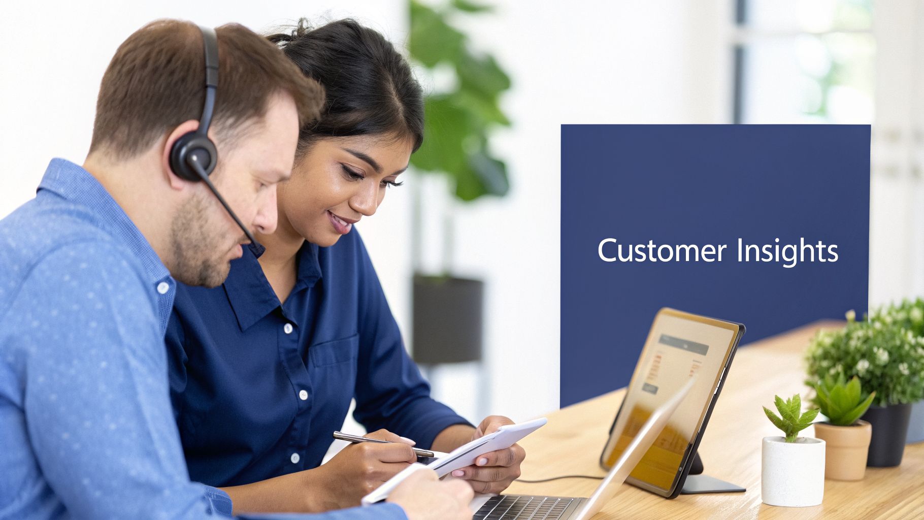 Two business professionals, one wearing a headset, reviewing customer insights on a tablet and laptop.