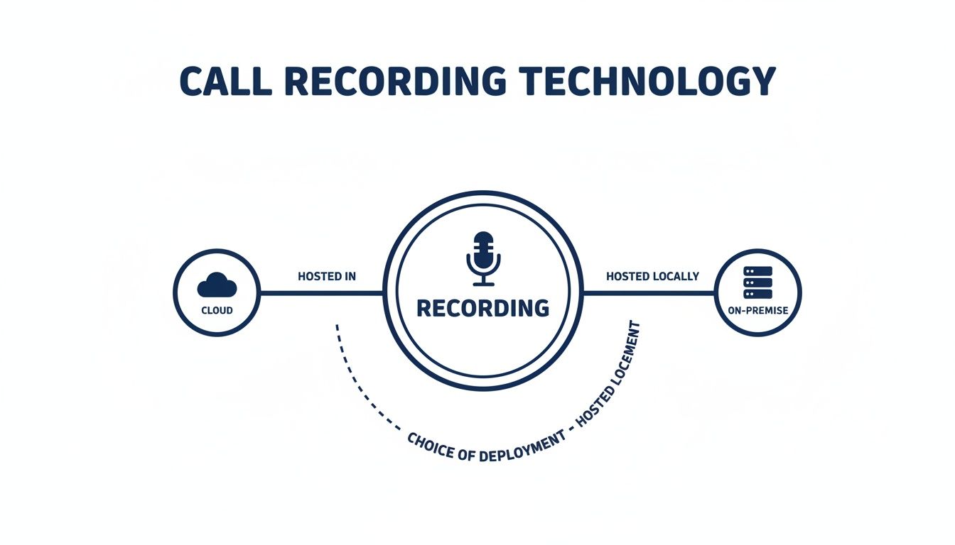 A diagram illustrates call recording technology with options for cloud-hosted or on-premise deployment.