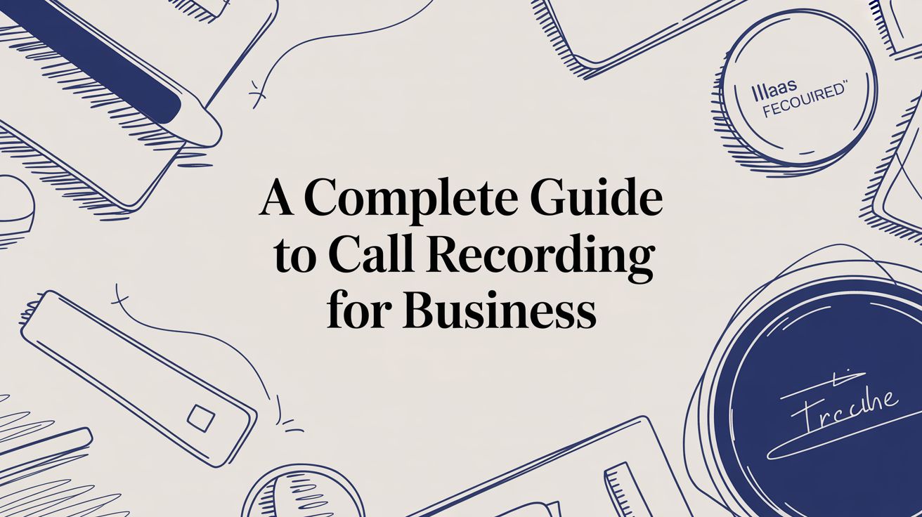 Illustrated office supplies border the text “A Complete Guide to Call Recording for Business” on a light background.
