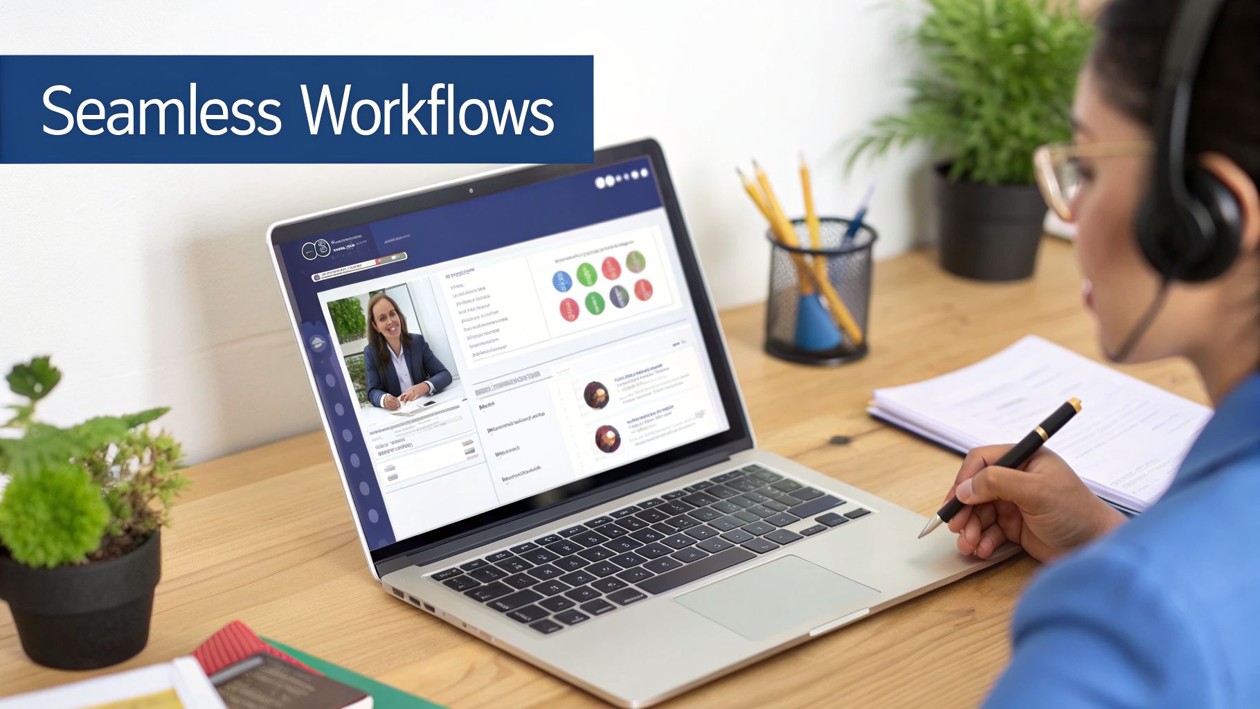 A person in headphones on a video call on a laptop, working at a desk with 'Seamless Workflows' banner.