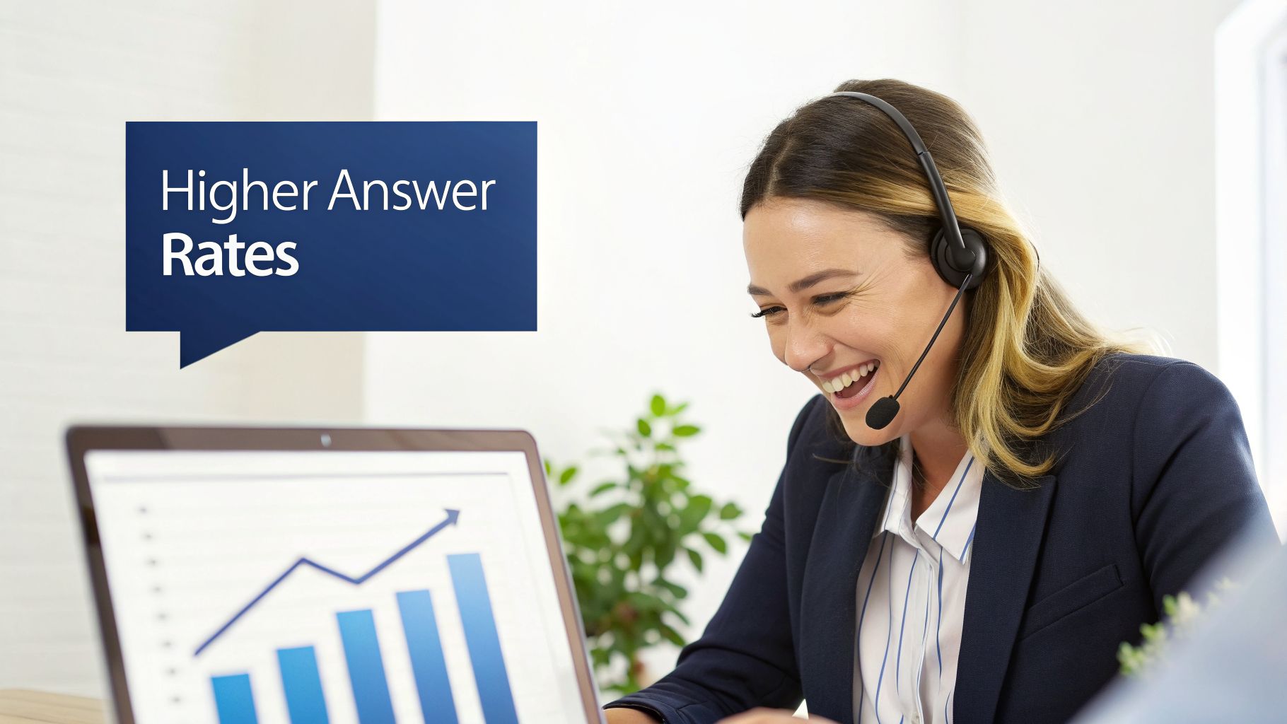 A happy call center agent looks at a laptop displaying a graph showing increased answer rates.