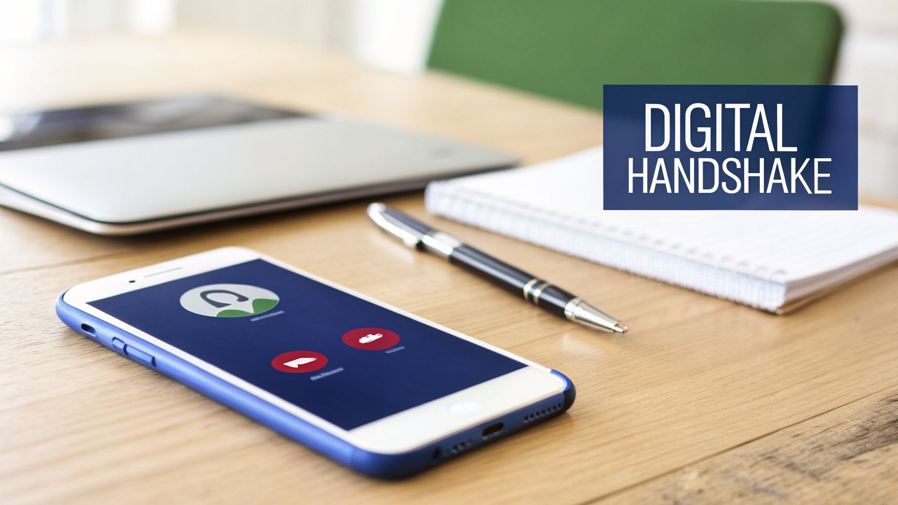 A smartphone displaying a caller ID with "DIGITAL HANDSHAKE" text overlay, alongside a laptop, pen, and notebook on a wooden desk.