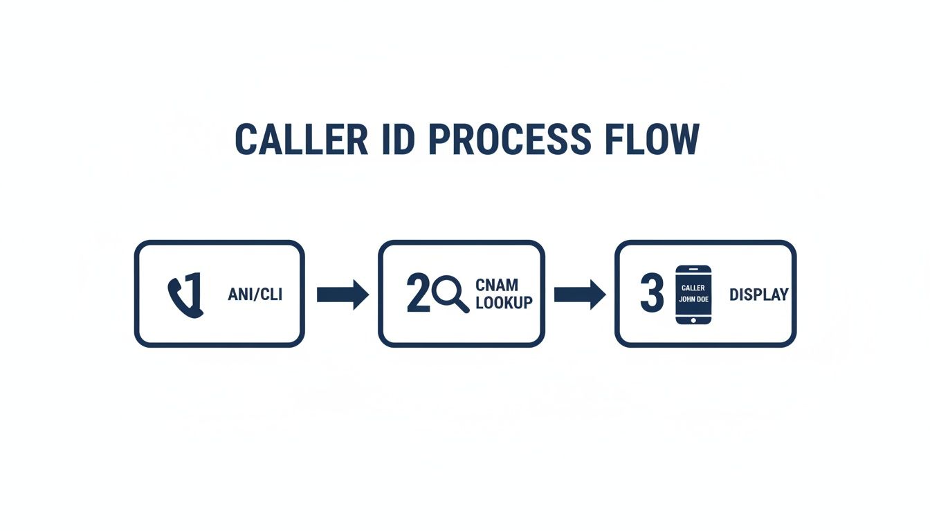 A flowchart illustrating the Caller ID process, showing steps from ANI/CLI to CNAM lookup and final display on a phone.