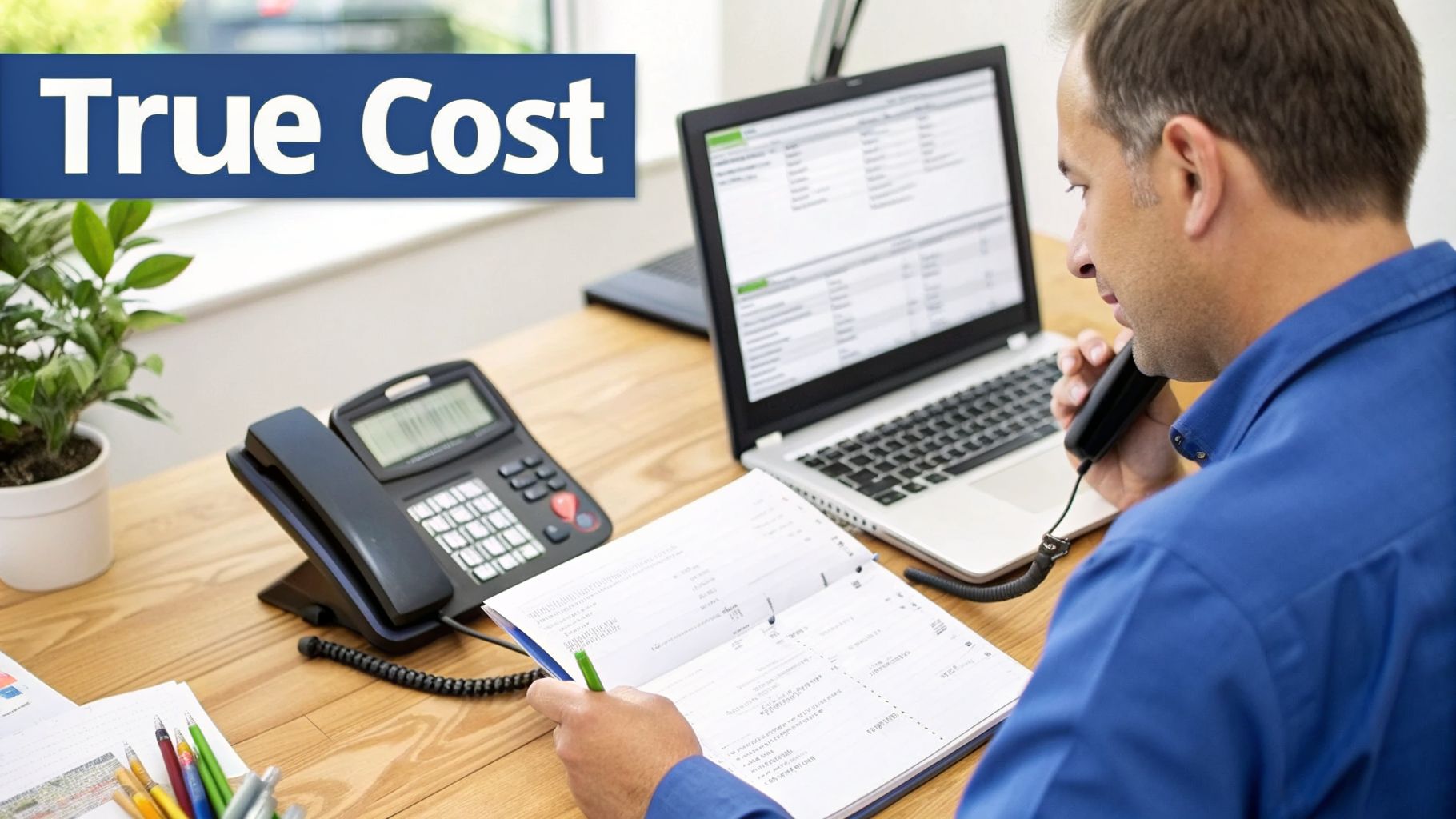 Man in blue shirt talking on phone, reviewing documents and laptop on a wooden desk, with a 'True Cost' banner.