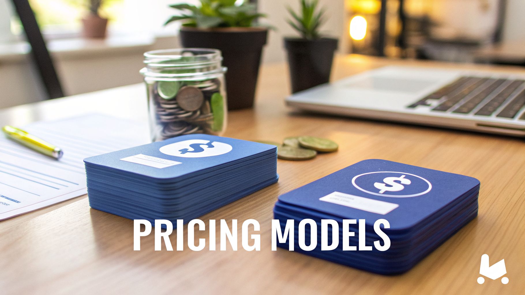 Stacks of blue cards with dollar signs and coins on a desk, representing pricing models.