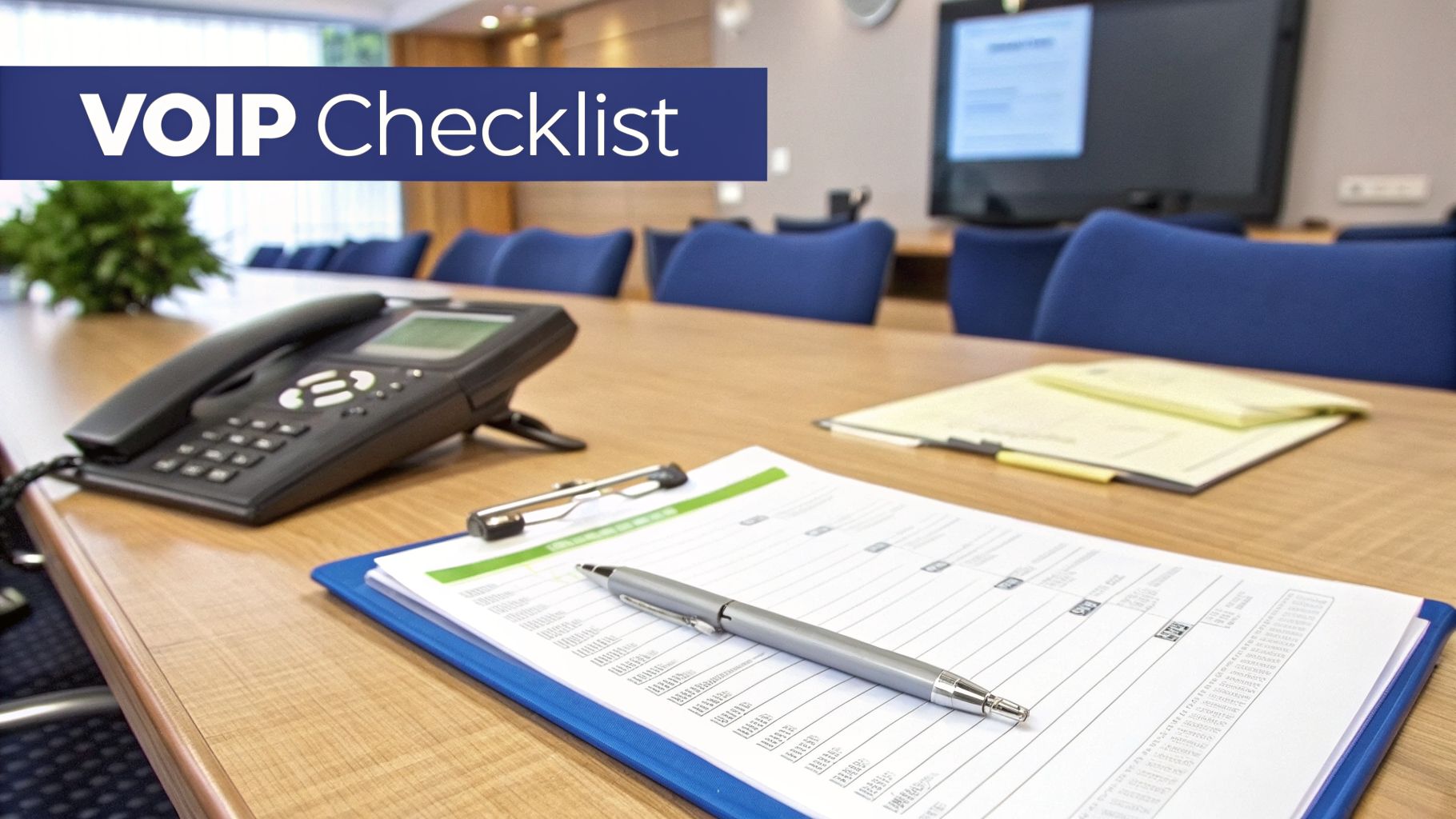 A conference room setting featuring a VOIP checklist, a phone, and a pen on a wooden desk.