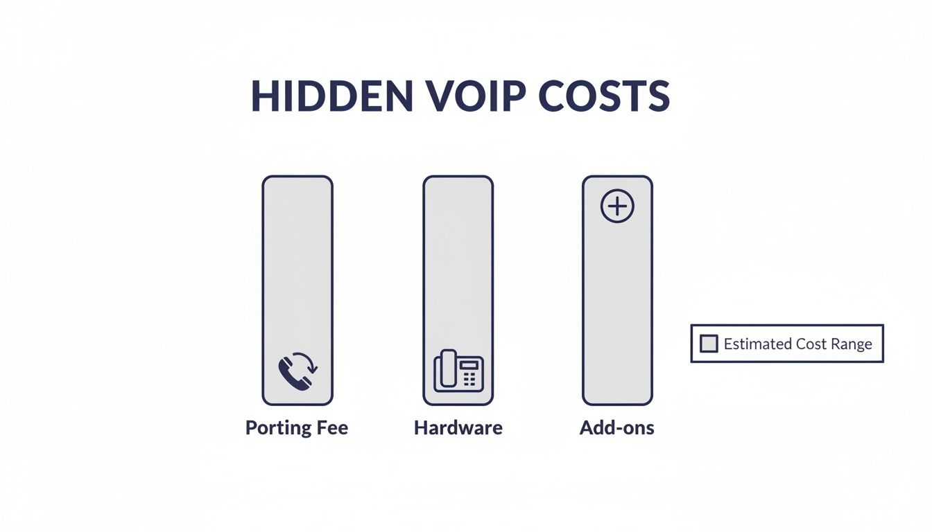 Infographic showing hidden VOIP expenses: porting fee, hardware, and add-ons, with an estimated cost range legend.