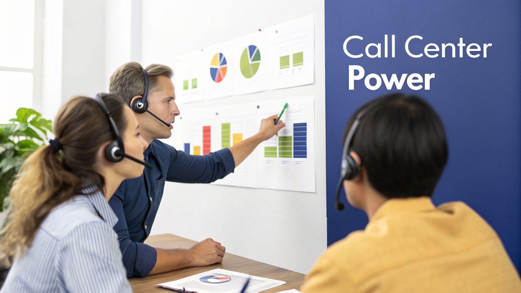 Call center agents in headsets collaborate on performance charts, demonstrating call center power.