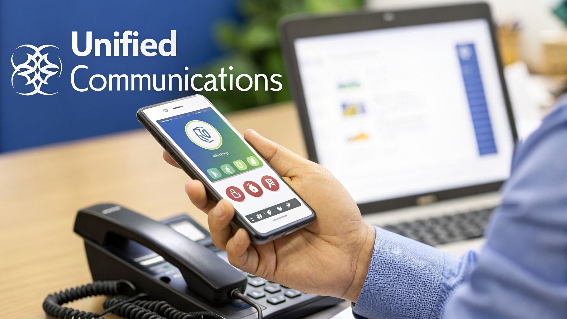 A hand holds a smartphone displaying a unified communication application, with a desk phone and laptop.
